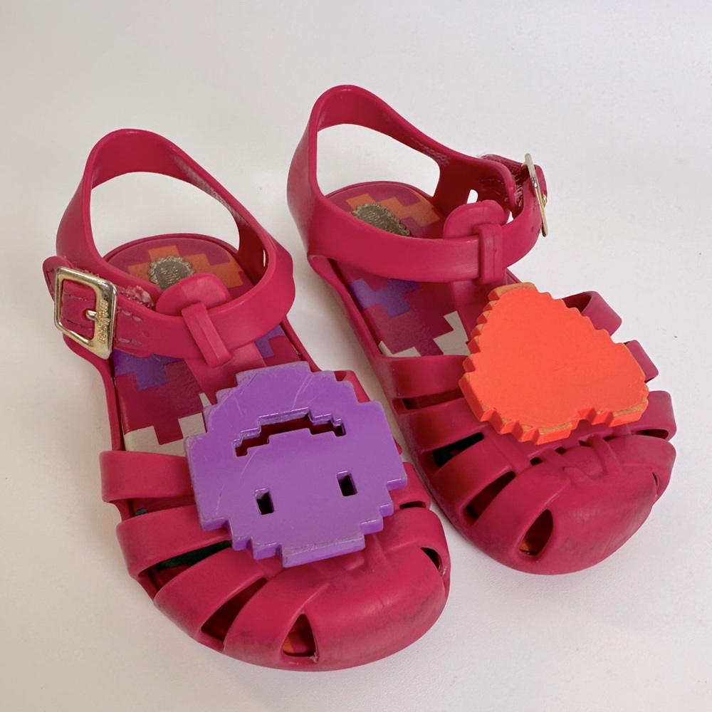 Mini Melissa 7 Toddler Emoji Sandals Pink with Orange Heart Purple Smiley Face